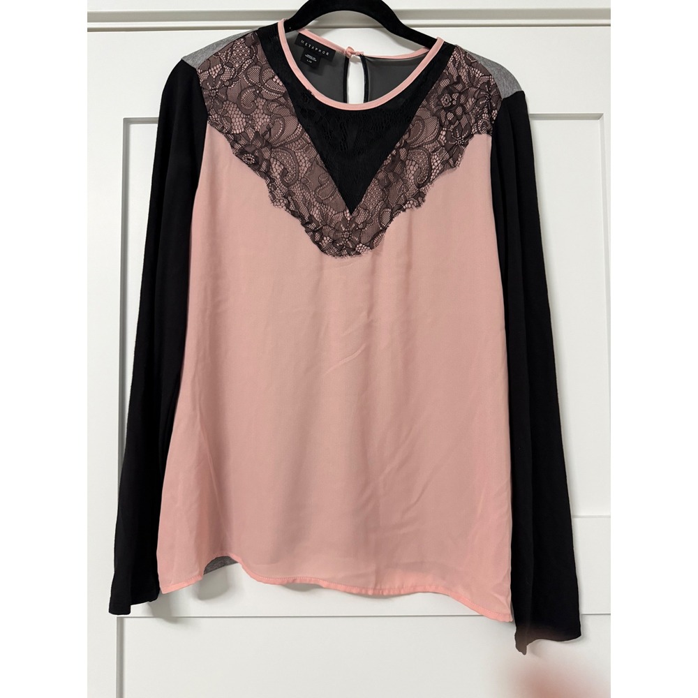 Metaphor Womens Mixed Media Lace Trim Blouse Pink Grey Black Long Sleeve Large